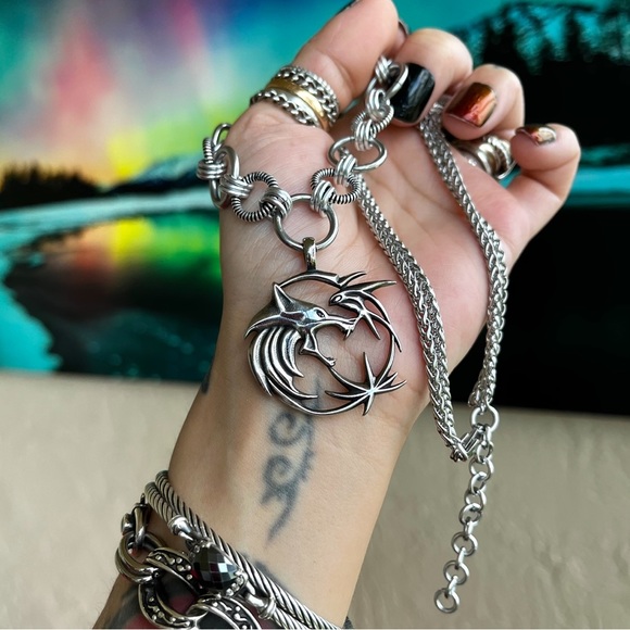 Handmade stainless steel necklace double wheat chain wolf celtic viking charm - Picture 3 of 10